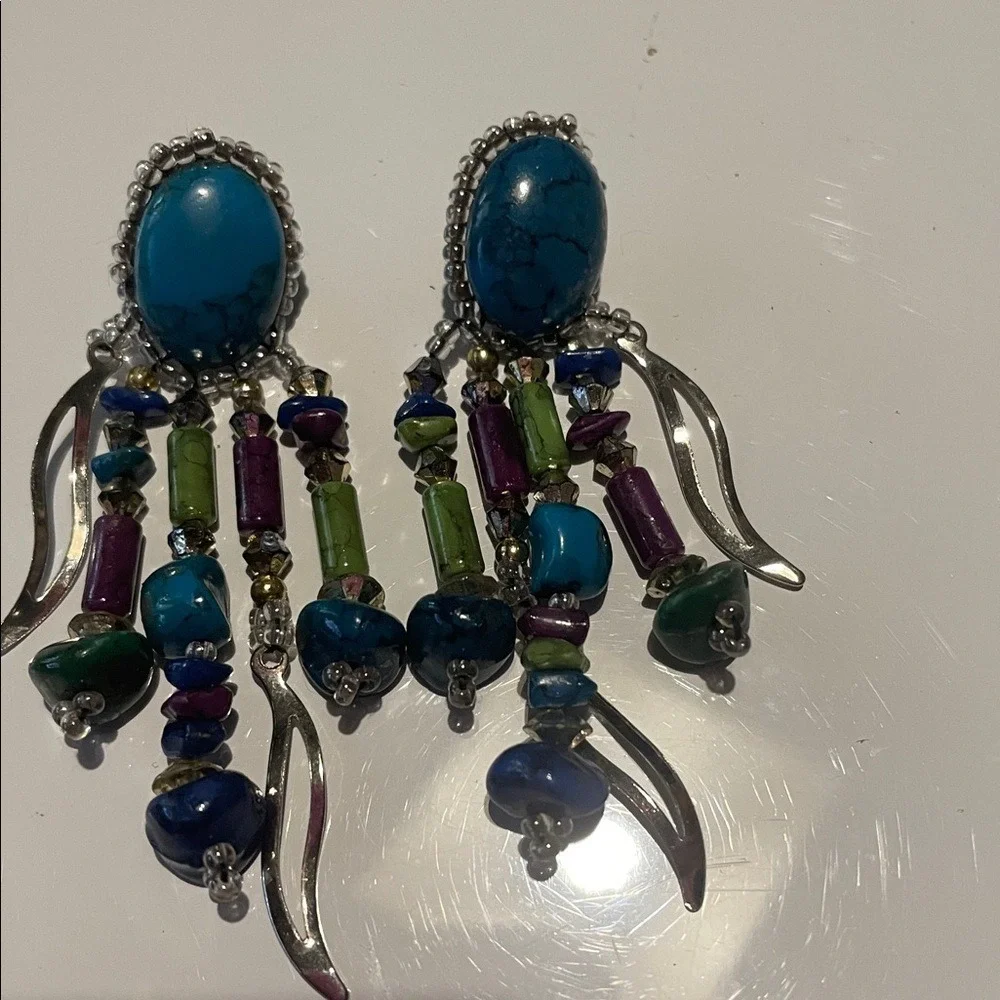 Turquoise Beaded Dangle Earrings Silver Tone‎ Boho Statement Jewelry
